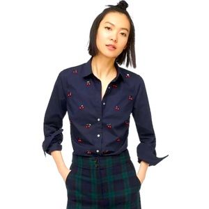 NWT J. Crew Cherries Women Slim Fit Sequin Navy Blue Button Down Dress Shirt Top